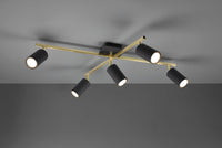 MARLEY PLAFONIERA 2 BARRE ORIENTABILI ORO CON 5 SPOTS CILINDRI NERO L.77,4CM 5 LUCI ATTACCO GU10