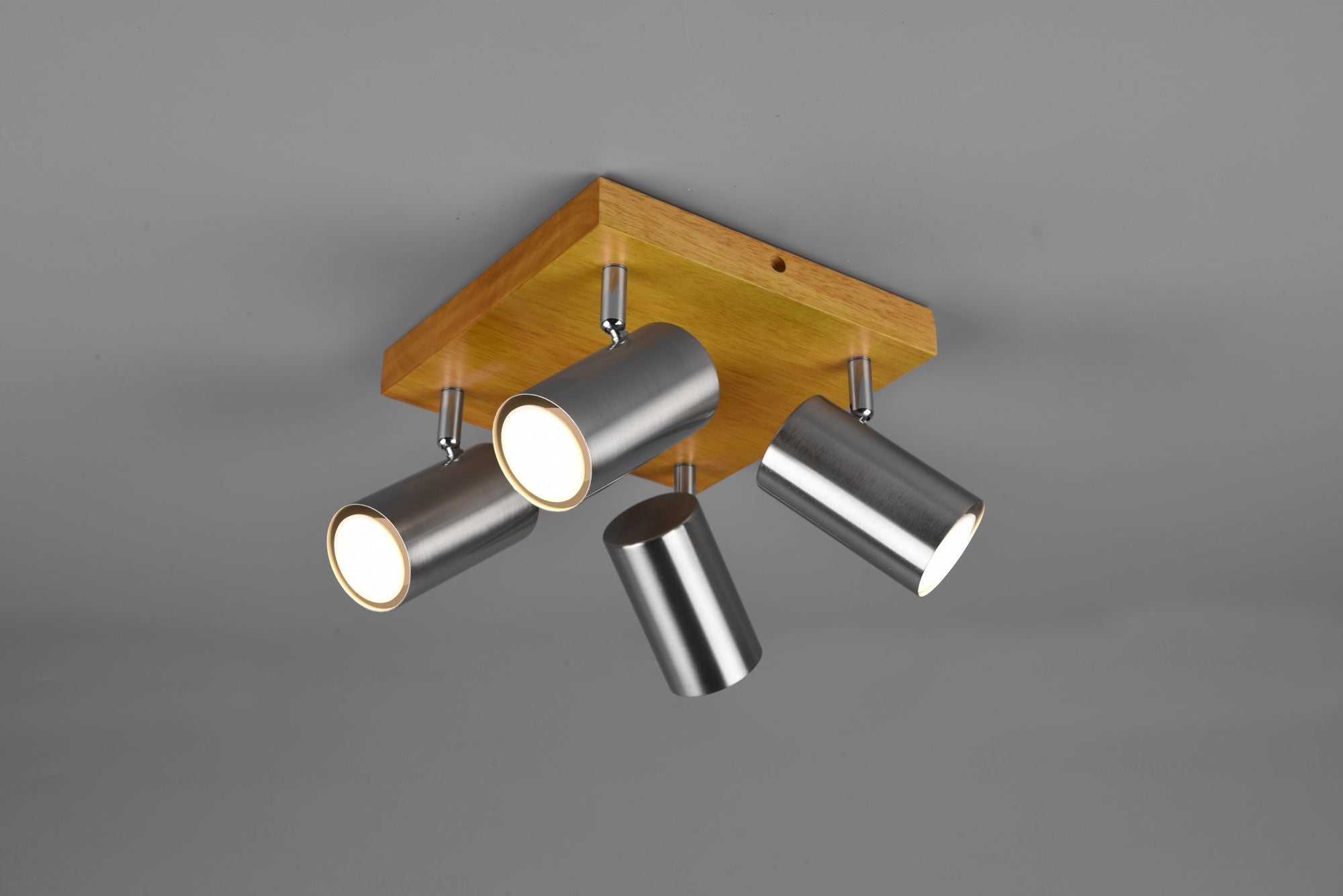 MARLEY PLAFONIERA 4 SPOTS CILINDRI  ACCIAIO BASE LEGNO NATURALE L. 22CM ATTACCO GU10
