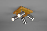 MARLEY PLAFONIERA 4 SPOTS CILINDRI  ACCIAIO BASE LEGNO NATURALE L. 22CM ATTACCO GU10