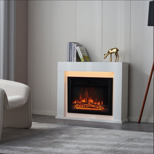Camino elettrico MATTI - Caminetto da pavimento con riscaldamento, effetto fiamma 3D, luce ambiente a LED, telecomando - Bianco