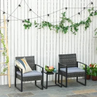 Set da Giardino in Rattan 3 pezzi, 2 Poltrone con Cuscino e Tavolino, Grigio