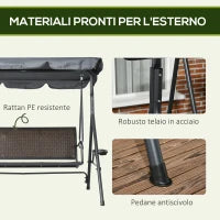 Dondolo da Giardino 3 Posti in Rattan PE e Acciaio con Tettuccio Regolabile e Portabicchieri, 204x112x150 cm