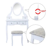 Toeletta Tavolo da Trucco con Specchiera e Sgabello Imbottito, Legno, Bianco