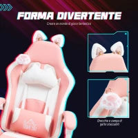 Sedia da Gaming Ergonomica con Orecchie da Gatto, Poggiapiedi, Supporto Lombare e Cervicale, Rosa