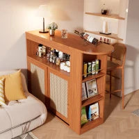 Tavolo bar allungabile con spazio di stoccaggio, intreccio di rattan sulle ante, ripiani regolabili, 138-193×39×104 cm, Marrone