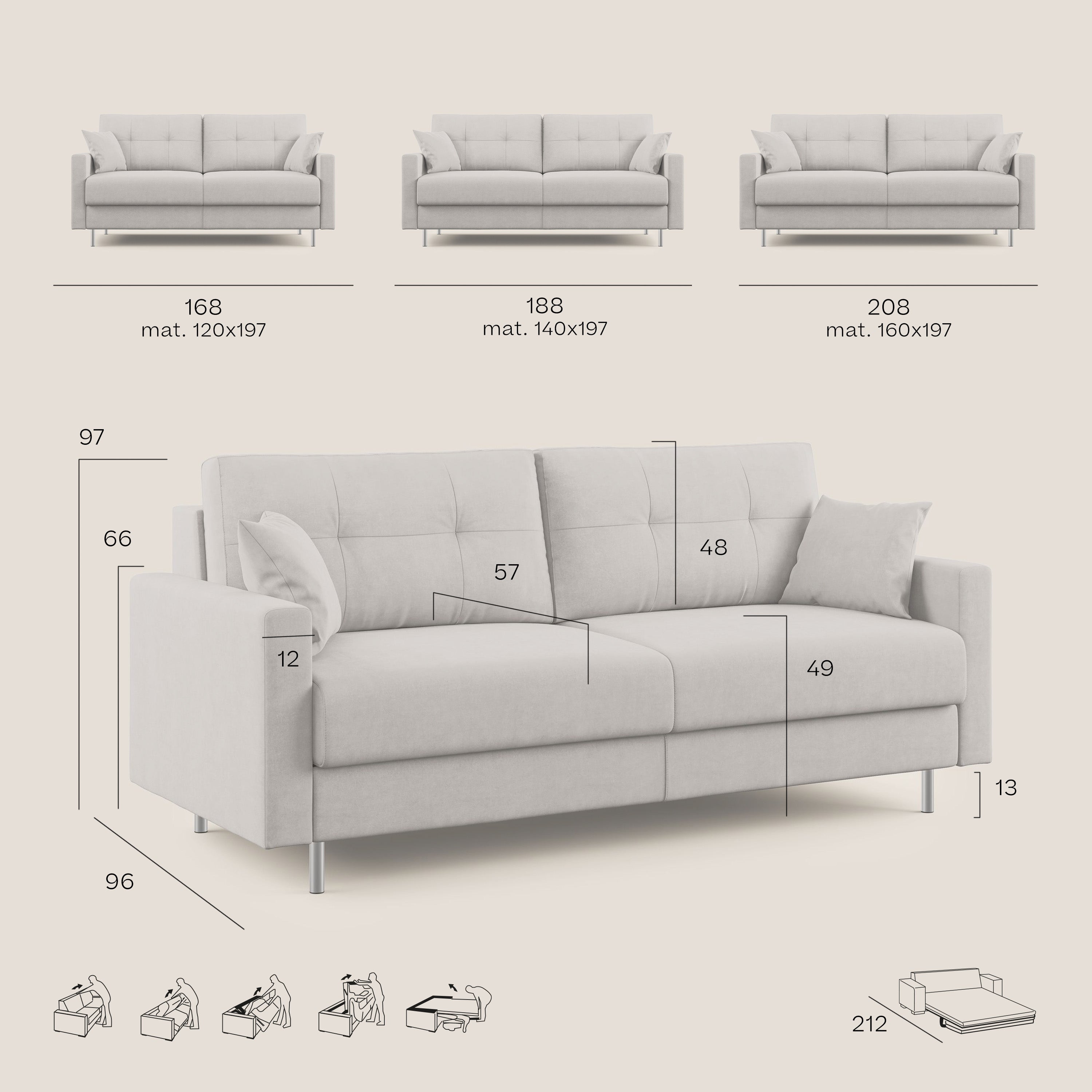 Megan Divano letto matrimoniale in microfibra smacchiabile T11 168 cm (mat. 120x197) panna