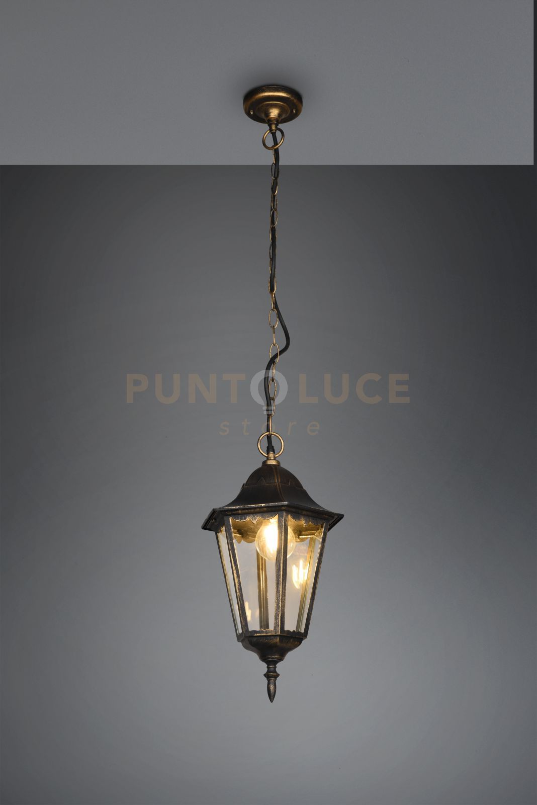 MELLA SOSPENSIONE DA ESTERNO 6 LATI FUSIONE DI ALLUMINIO RUGGINE E VETRO TRASPARENTE H. 83CM IP44 1 LUCE ATTACCO E27