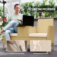 Panca da Giardino con Tavolino a Ribalta Portaoggetti, in Rattan e Acciaio, 134x58x82 cm, Crema e Cachi