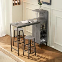 Set tavolo da pranzo alto con 2 sedie da bar, con ripiani e portabottiglie, Legno naturale