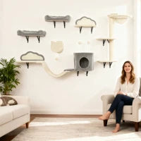 Set Mensole da parete per gatti da 6 pezzi, con amache, tiragraffi e lettini, Beige