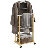 Servomuto in bambù con ruote, Aste per pantaloni e ripiano inferiore per scarpe, Legno Naturale e Bianco