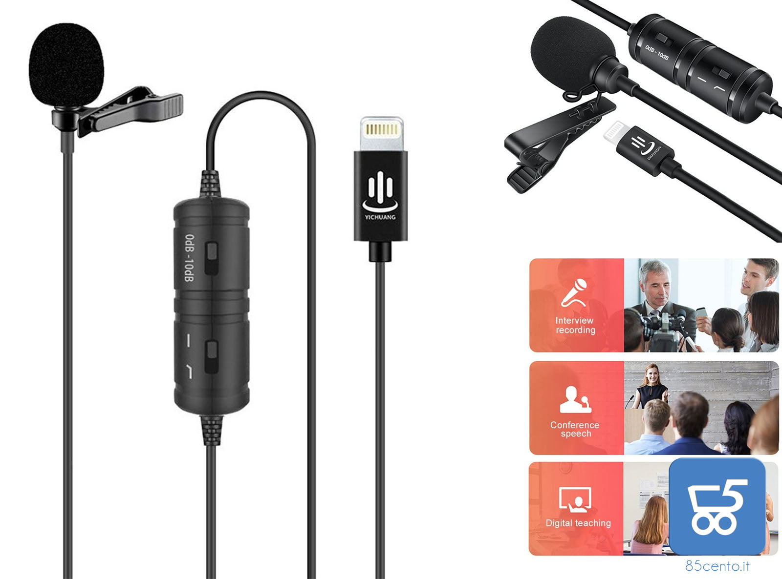 MICROFONO YICHUANG YC-VM40 PER REGISTRAZIONE LAVALIER A DOPPIA PORTA A 8 PIN LUNGHEZZA CAVO 6 M