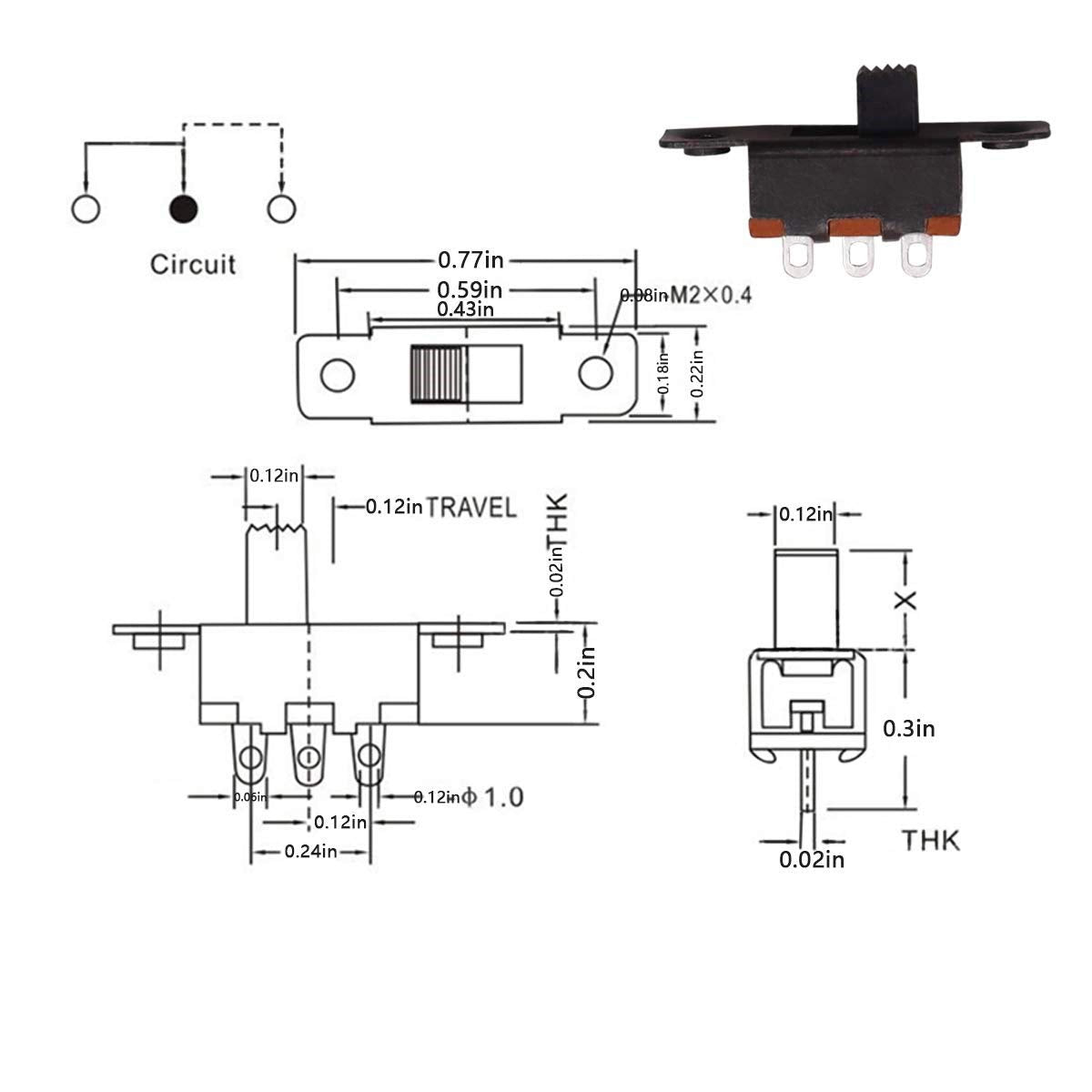 MINI PANNELLO INTERRUTTORE A SLITTA SPDT 3 PIN 2 POSIZIONE 0.5A 50V DC (CONF. 10 PEZZI)