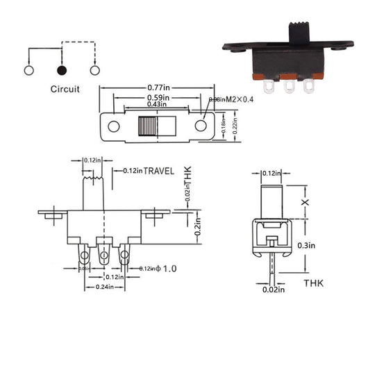 MINI PANNELLO INTERRUTTORE A SLITTA SPDT 3 PIN 2 POSIZIONE 0.5A 50V DC (CONF. 10 PEZZI)