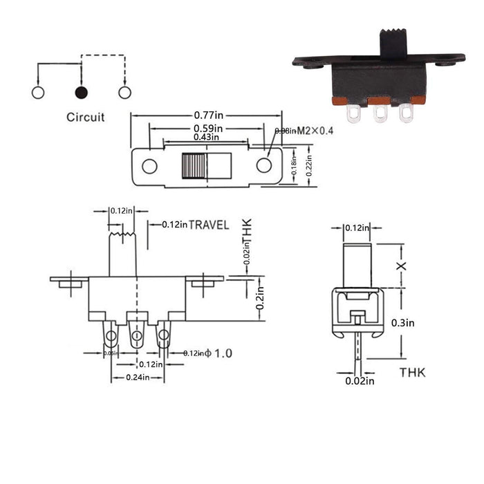 MINI PANNELLO INTERRUTTORE A SLITTA SPDT 3 PIN 2 POSIZIONE 0.5A 50V DC (CONF. 10 PEZZI)