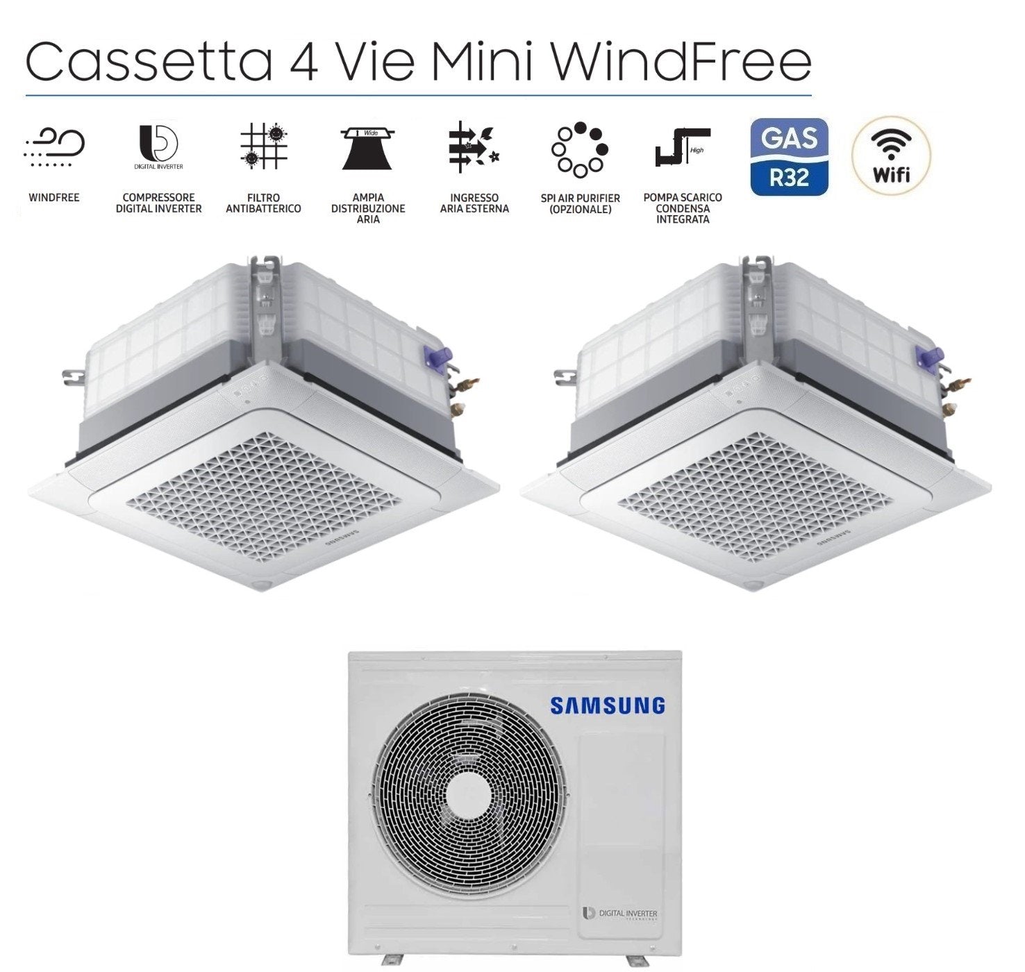 Climatizzatore Condizionatore Samsung Dual Split Inverter Cassetta 4 Vie Mini Windfree 12+12 con AJ068TXJ3KG/EU R-32 12000+12000 Wi-Fi Optional con Griglia Inclusa