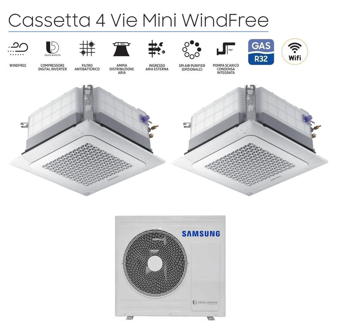 Climatizzatore Condizionatore Samsung Dual Split Inverter Cassetta 4 Vie Mini Windfree 18+18 con AJ100TXJ5KG/EU R-32 18000+18000 Wi-Fi Optional con Griglia Inclusa