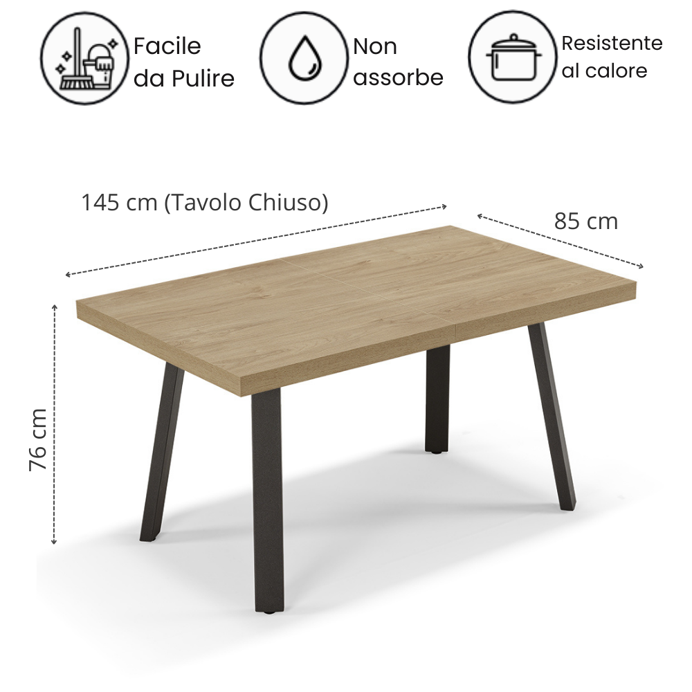 Tavolo allungabile da pranzo145x85 modello MIRO’ fino a 195 CM per sala da pranzo, cucina e soggiorno, design moderno con top in melaminico, colore Noce