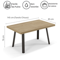 Tavolo allungabile da pranzo145x85 modello MIRO’ fino a 195 CM per sala da pranzo, cucina e soggiorno, design moderno con top in melaminico, colore Noce