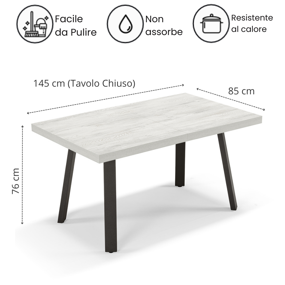 Tavolo allungabile da pranzo145x85 modello MIRO’ fino a 195 CM per sala da pranzo, cucina e soggiorno, design moderno con top in melaminico, colore Quercia Bianco