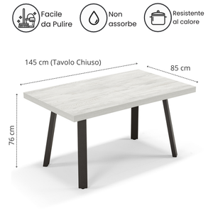 Tavolo allungabile da pranzo145x85 modello MIRO’ fino a 195 CM per sala da pranzo, cucina e soggiorno, design moderno con top in melaminico, colore Quercia Bianco