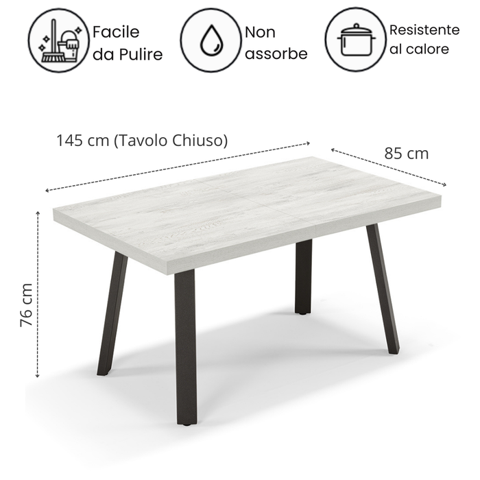 Tavolo allungabile da pranzo145x85 modello MIRO’ fino a 195 CM per sala da pranzo, cucina e soggiorno, design moderno con top in melaminico, colore Quercia Bianco