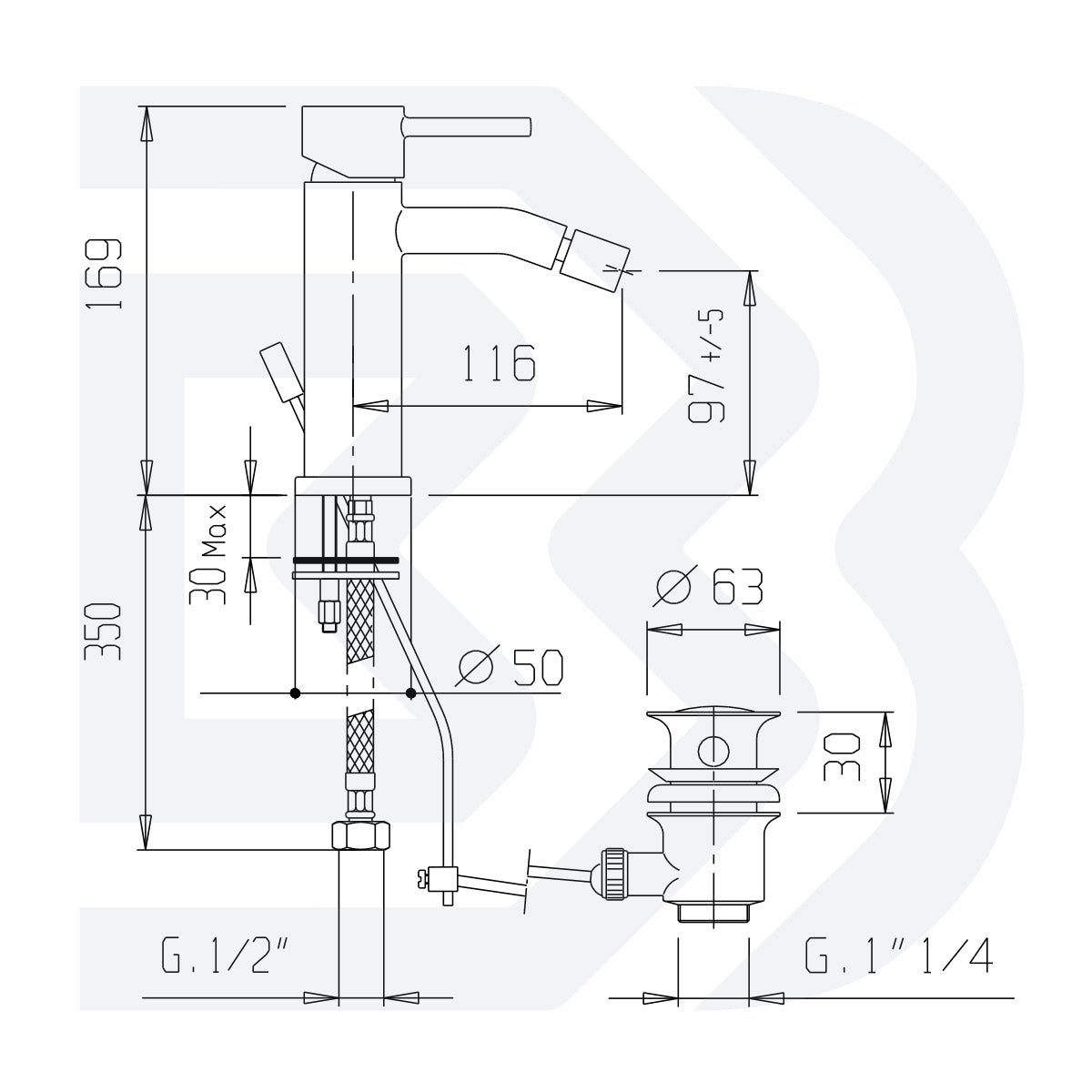 MISCELATORE MONOCOMANDO BIDET CON SCARICO - 1” 1/4” - SERIE MINI- BIANCHI - CROMO