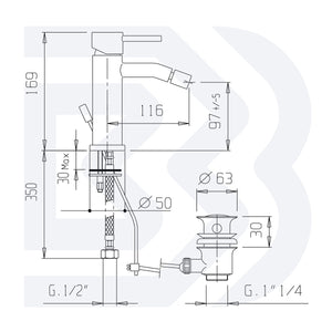 MISCELATORE MONOCOMANDO BIDET CON SCARICO - 1” 1/4” - SERIE MINI- BIANCHI - CROMO