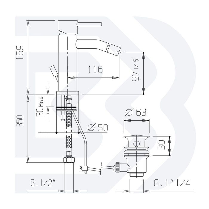 MISCELATORE MONOCOMANDO BIDET CON SCARICO - 1” 1/4” - SERIE MINI- BIANCHI - CROMO