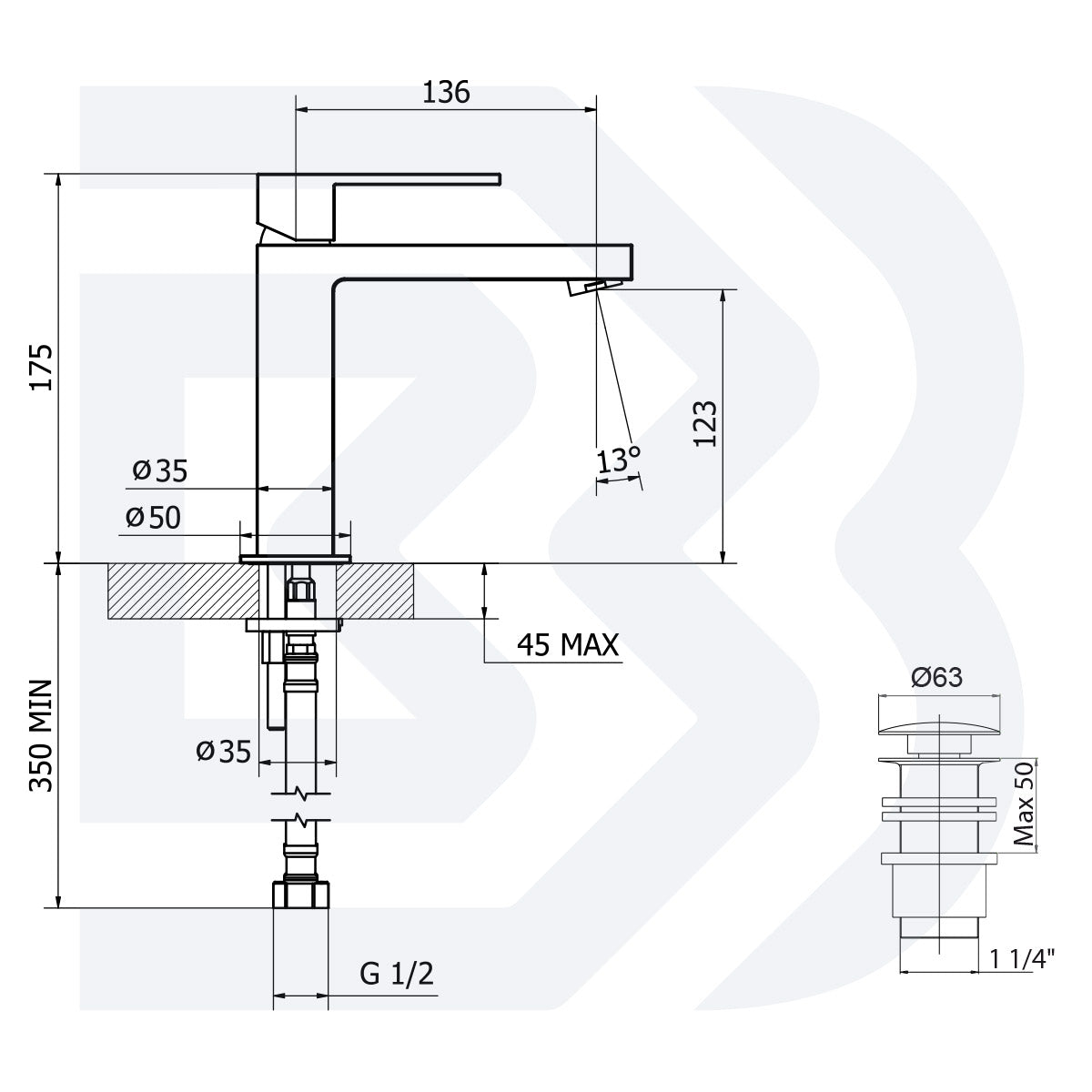 MISCELATORE MONOCOMANDO LAVABO MEDIO CON BOCCA LUNGA E SCARICO - 1” 1/4” CLIC-CLAC – SERIE METRO – BIANCHI – CROMO