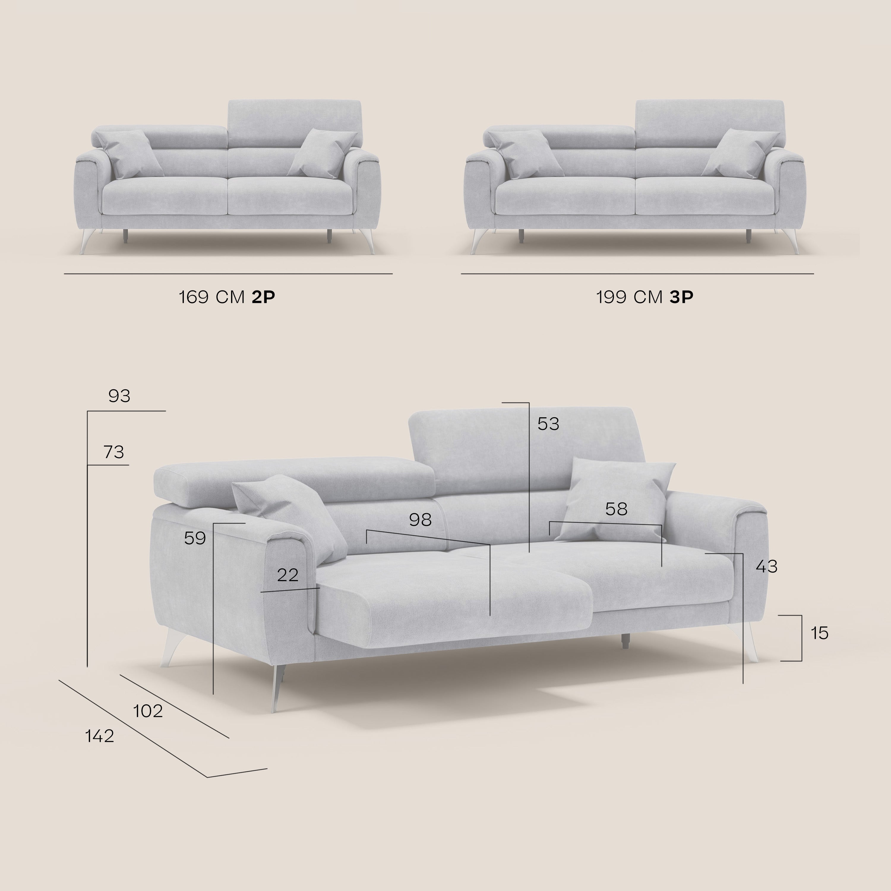 Caravaggio Divano con sedute allungabili e poggiatesta reclinabili in tessuto impermeabile T02 199 cm grigio chiaro