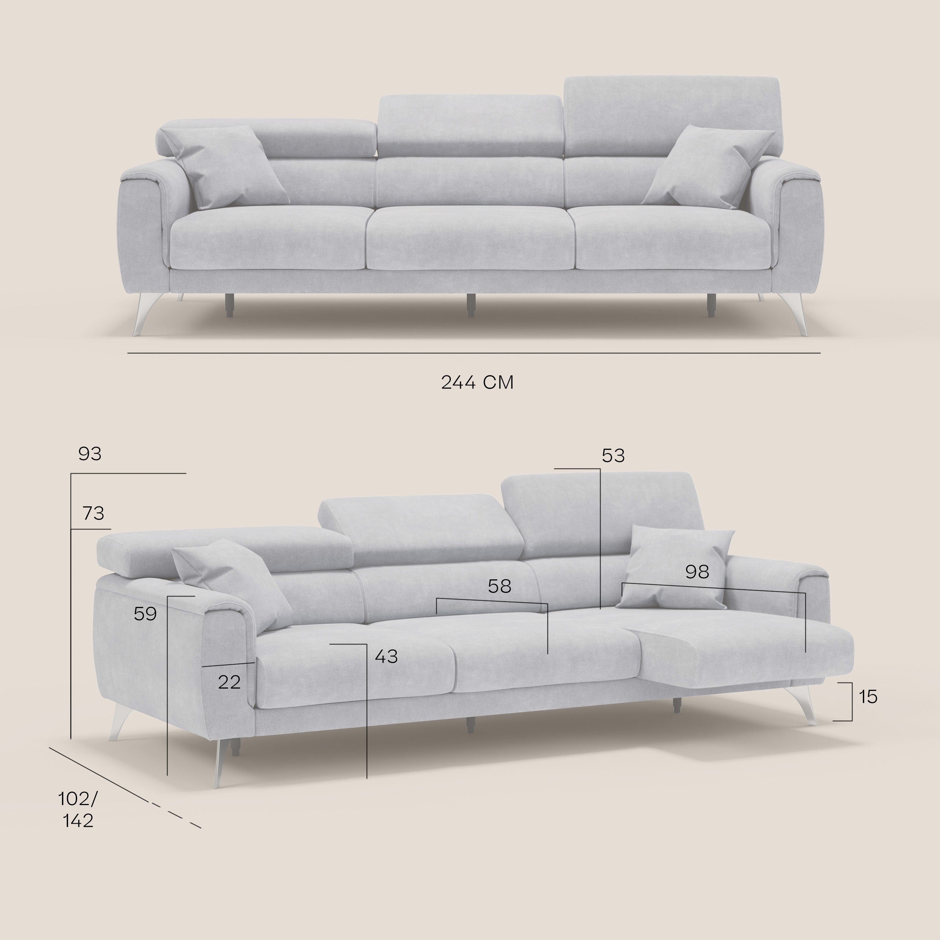 Caravaggio Divano con sedute allungabili e poggiatesta reclinabili in tessuto impermeabile T02 169 cm verde