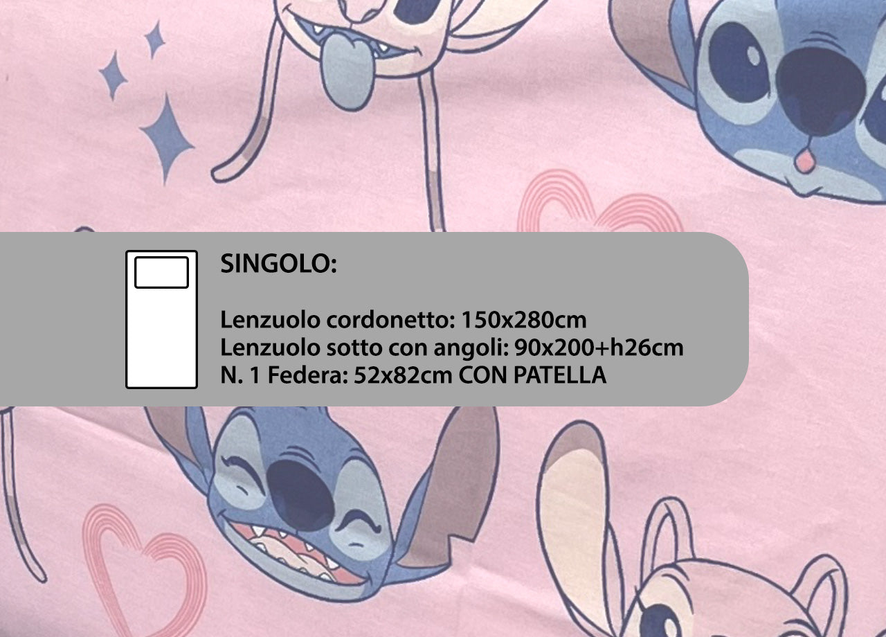 Completo Lenzuola Disney In 100% Cotone Letto Singolo Stich Girl