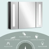 kleankin Armadietto con Specchio da Bagno a Parete in MDF con 3 Armadietti, 3 Ripiani e Luce LED, 90x15x65 cm, Nero