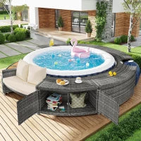 Set da giardino con divano rotondo, piedi regolabili e cuscini, per piscina, 283x283x55 cm, Grigio