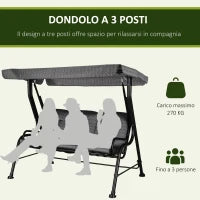 Dondolo da Giardino per 3 Persone con Tettuccio Regolabile e Cuscini, 200x120x170cm, Nero