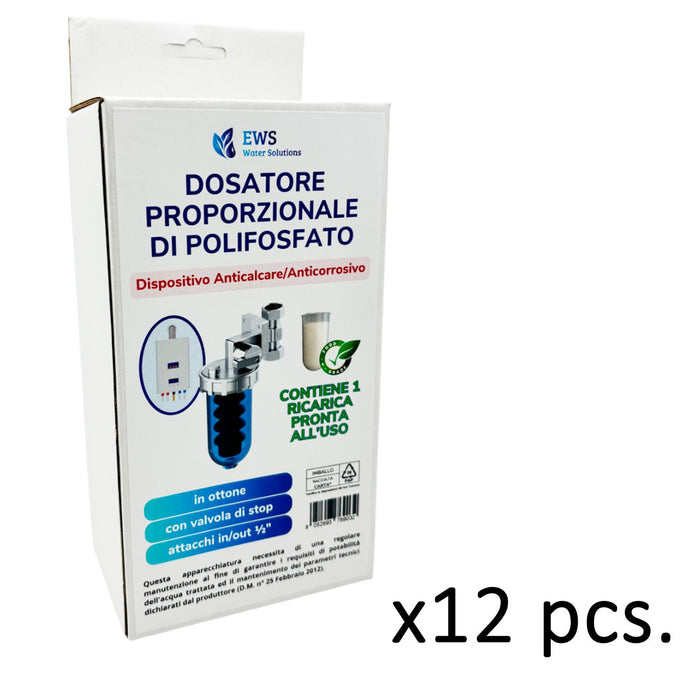 Dosatore proporzionale di polifosfato per impianti idraulici Per Caldaia Filtro Anticalcare ByPass Protezione Impianto con Ricarica Inclusa Attacchi Ruotabili Confezione da 12 scatole