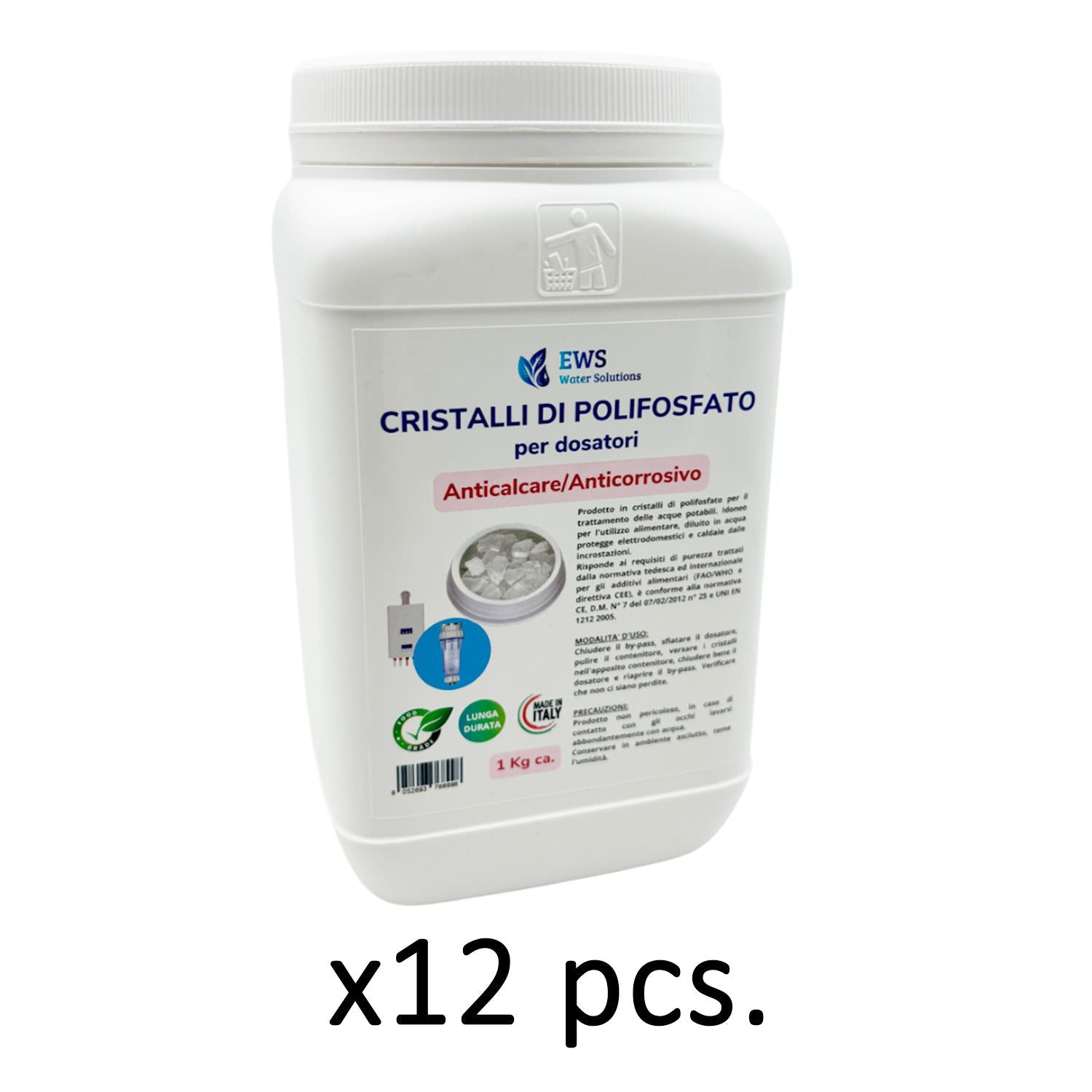 Ricarica di polifosfati in cristalli flacone da 1 kg ca di polifosfato Food Grade a Lunga Durata Anticalcare e Anticorrosivo per sistemi filtranti e dosatori Confezione da 12 pezzi