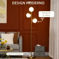 Lampada da Terra Moderna con 3 Punti Luce in Acciaio e Vetro, Ø27x159cm, Oro