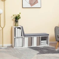 Libreria Panca 2 in 1 con 5 Scomparti Portaoggetti e 2 Cuscini, 108 x 30 x 60 cm, Bianco e Grigio