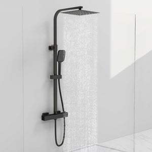 AICAIT Colonna doccia quadrata con soffione quadrato 25x25cm in acciaio inox nero, sistema doccia a 38℃ antiscottature