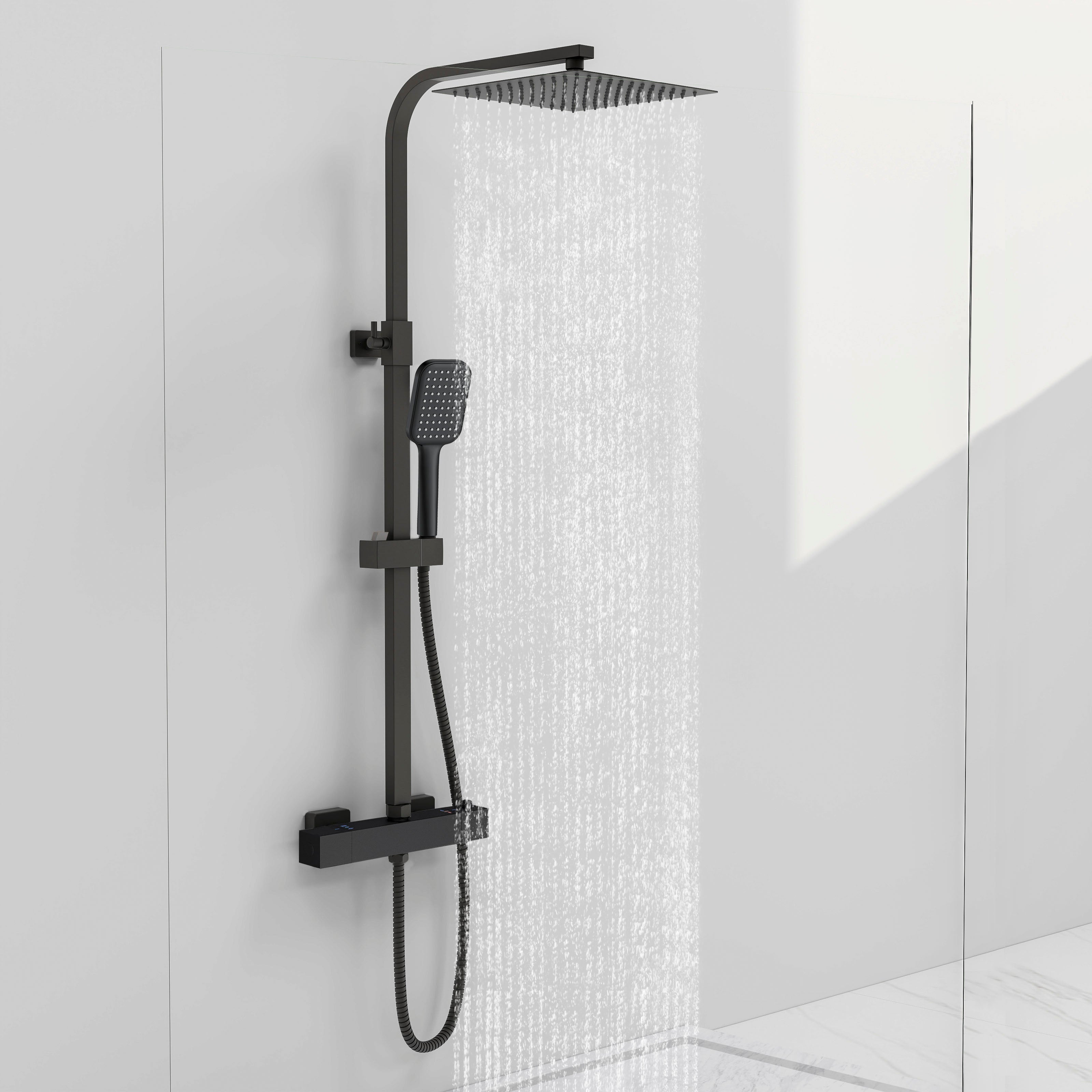 AICAIT Colonna doccia quadrata con soffione quadrato 25x25cm in acciaio inox nero, sistema doccia a 38℃ antiscottature