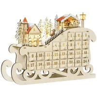 Calendario dell'Avvento in Legno a Forma di Slitta con 24 Cassetti da Riempire, Decorazioni e Luci a LED, 45x10x31cm