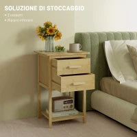 Set 2 Comodini con 2 Cassetti e Ripiano Inferiore in stile Nordico, in Bambù, 40x34x60 cm