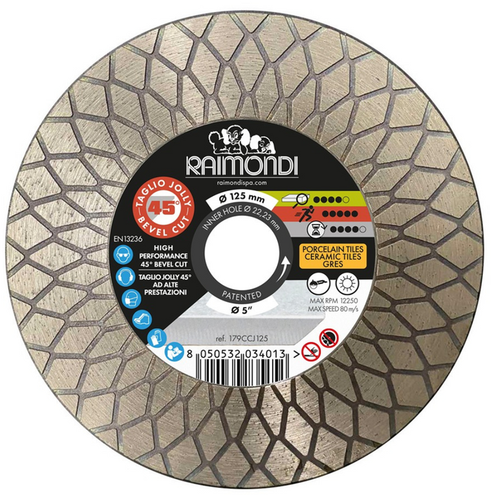 Disco diamantato diametro 125mm taglio jolly 45° f22,2mm smussatura raimondi