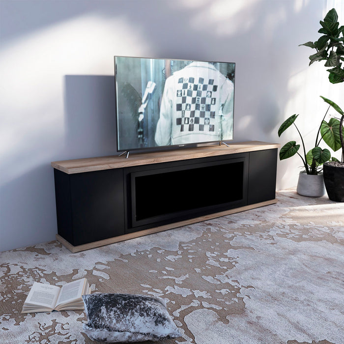 Sined Mobile Arosio 150 Nero Base In Legno Per Camino Nera Raffinato Ed Elegante Base In Legno Per Camino Marrone In Legno Struttura e Ante Legno Nero Ral 9005 Piano e Base Rovere Per Ambienti Interni