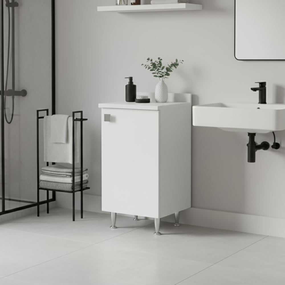 The White Stone Mobiletto con Alzatina Bianco | Mobile Multiuso con Piedini in Metallo e Ripiano Regolabile | Già Assemblato per Bagno, Lavanderia, Cucina e Ingresso