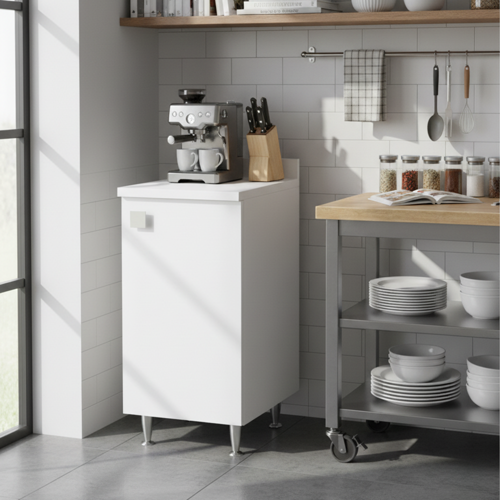 The White Stone Mobiletto con Alzatina Bianco | Mobile Multiuso con Piedini in Metallo e Ripiano Regolabile | Già Assemblato per Bagno, Lavanderia, Cucina e Ingresso