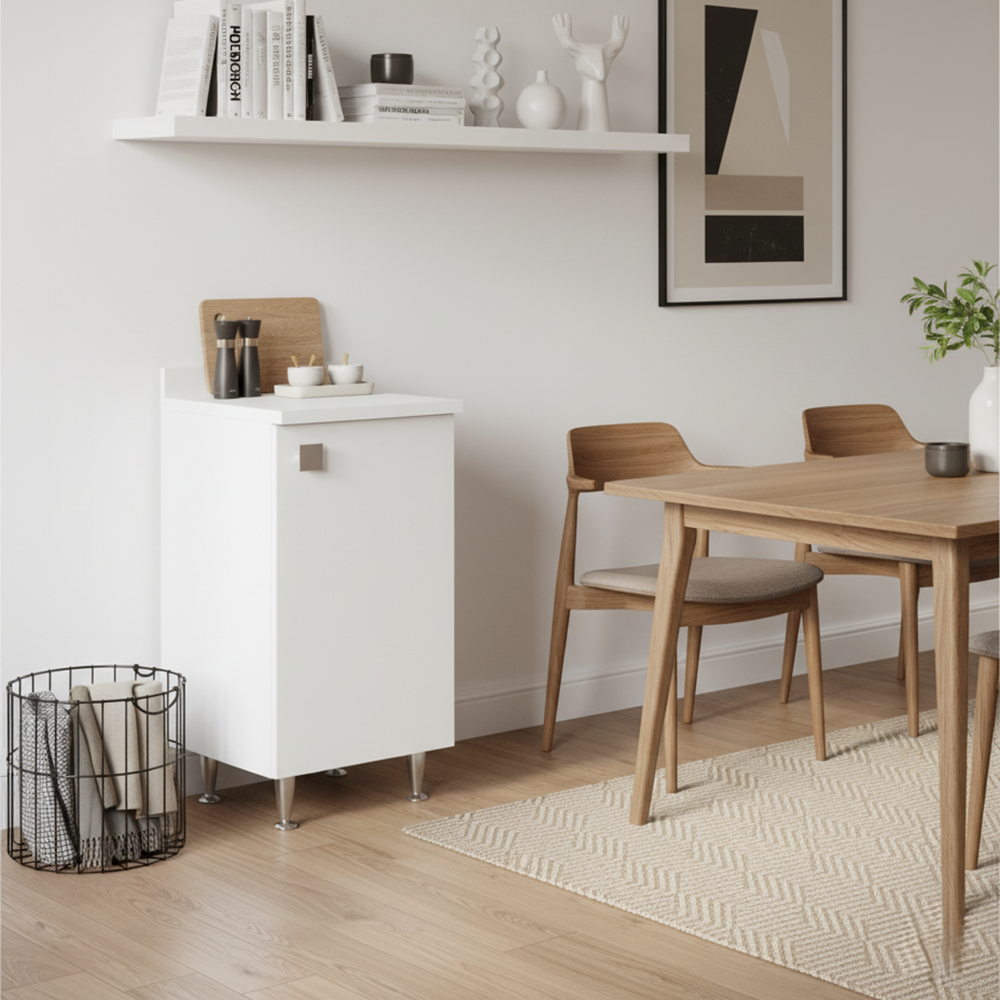 The White Stone Mobiletto con Alzatina Bianco | Mobile Multiuso con Piedini in Metallo e Ripiano Regolabile | Già Assemblato per Bagno, Lavanderia, Cucina e Ingresso