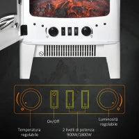 Camino Elettrico Effetto Fiamma e 3 Lati Aperti, Temperatura Regolabile 900W-1800W, Copertura 20-25m², 39x26x54.8cm, Bianco